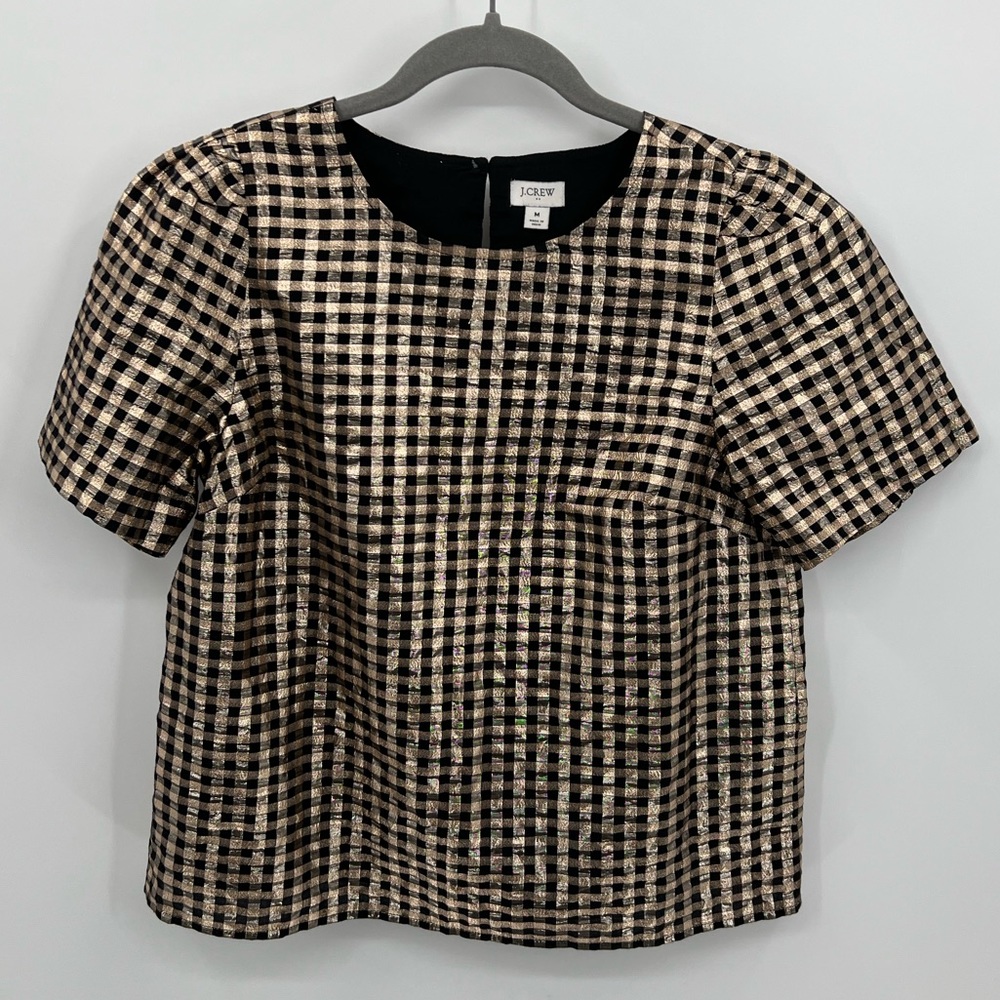 J. Crew Factory gold and black gingham puff sleeve boxy top